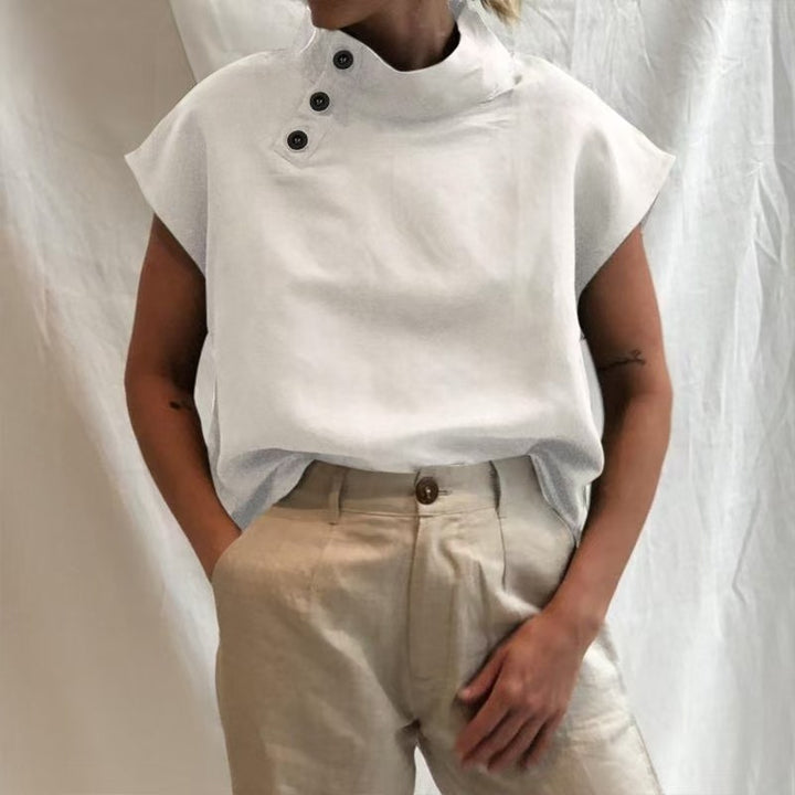 Dame moderne bluse med høj krave og elegante knapdetaljer Skovae
