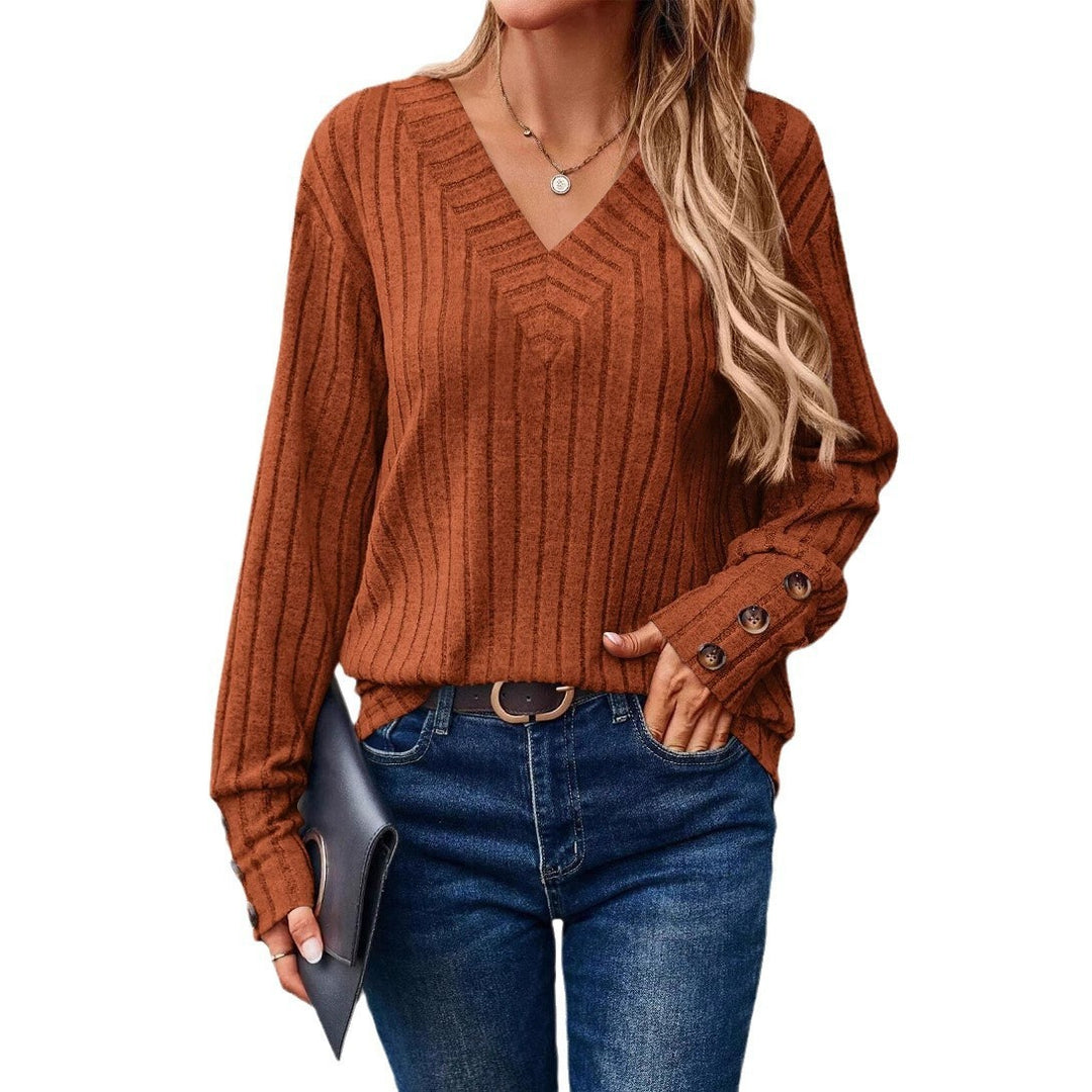 Dame afslappet V-hals sweater med fine striber Stilla