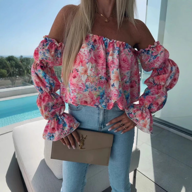 Dame Off-Shoulder Bluse med flæsedetaljer og blomstermønster Stilla