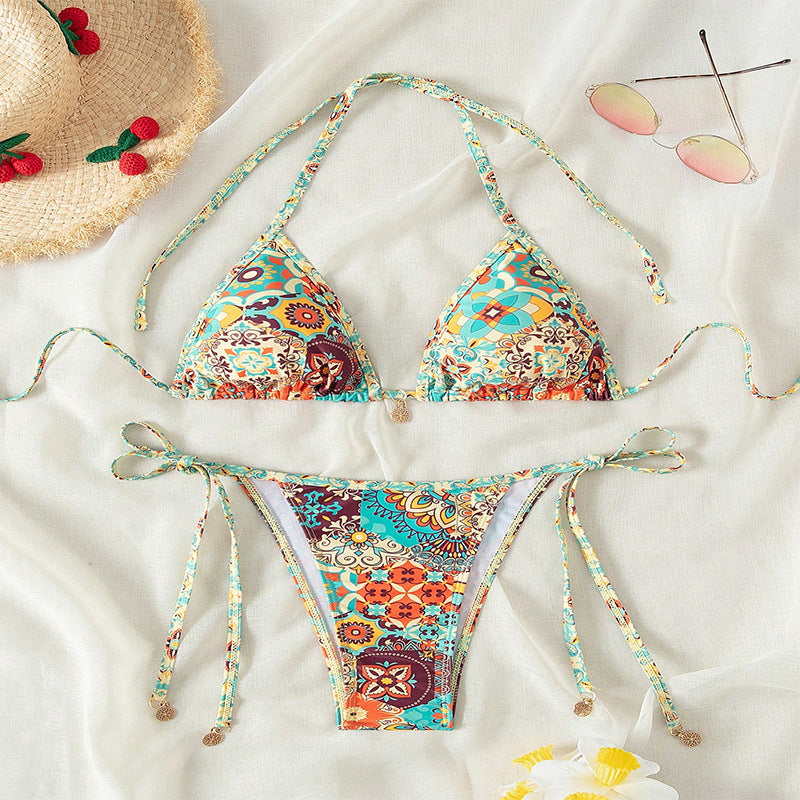 Dame Triangel-Bikini med blomstermønster og elegante bindebånd Skovae