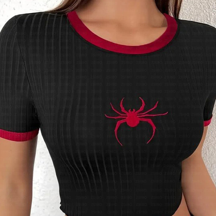 Dame Crop-Top med kreativt edderkoppemotiv og moderne snit Stilla