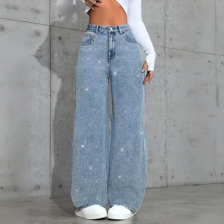 Dame Elegante High-Waist Jeans i vid pasform med glitrende detalje Skovae