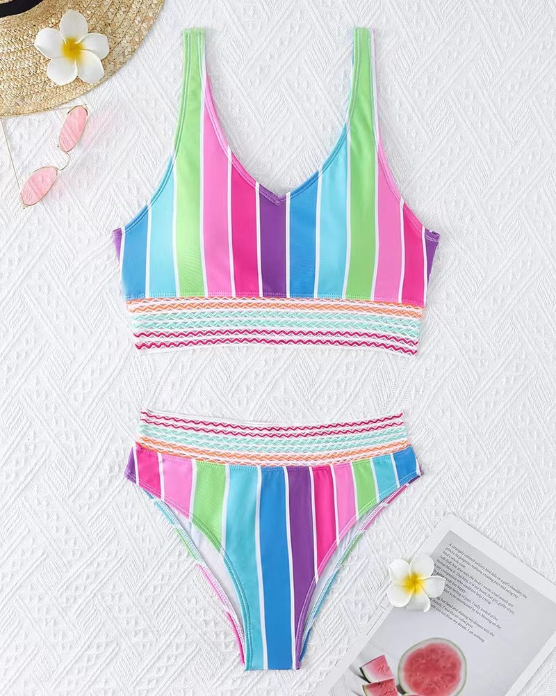Dame bikini-sæt med bred farveblokdesign og høj talje Skovae
