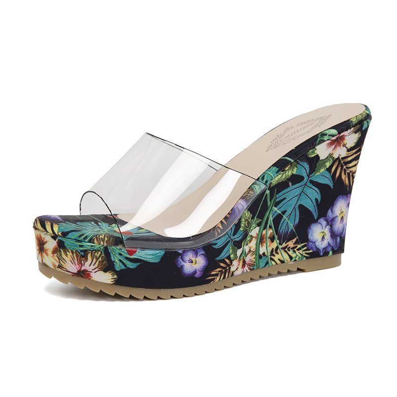 Dame nan PVC-rems kile-sandaler med blomstertrykt kile-sål og ergonomisk komfort fodseng Skovae