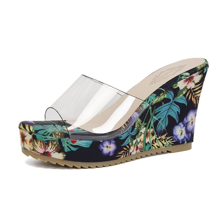 Dame nan PVC-rems kile-sandaler med blomstertrykt kile-sål og ergonomisk komfort fodseng Skovae