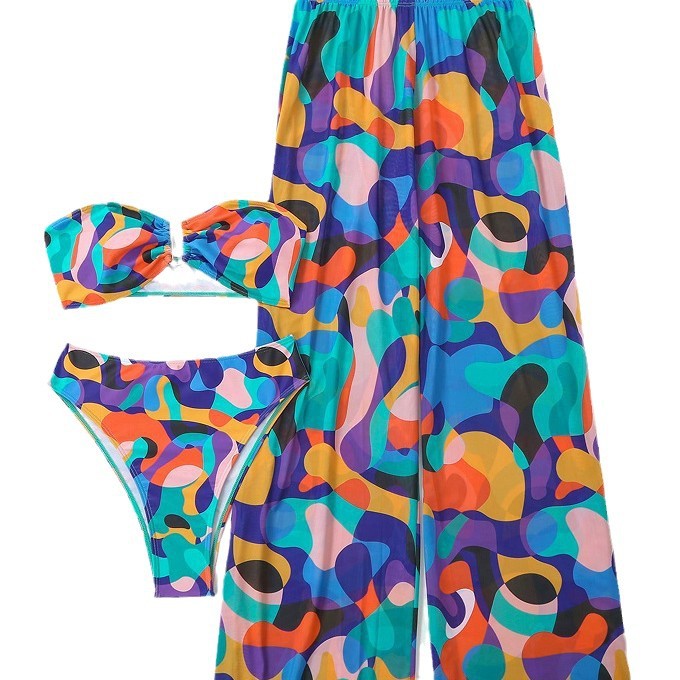 Dame Bohemian Print Bikini med flydende Cover-Up Bukser Stilla