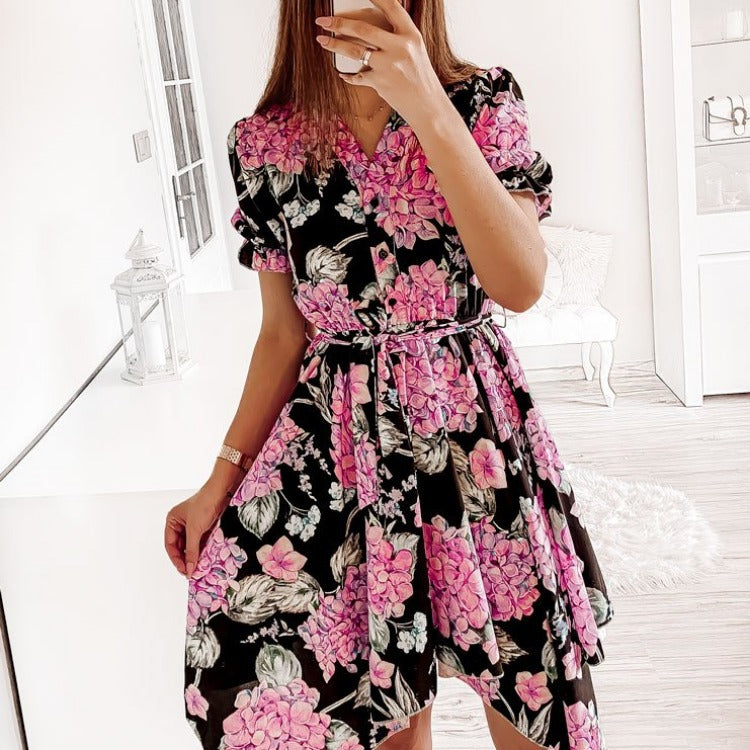 Dame High-Low Floral Bindekjole med Puffærmer Stilla