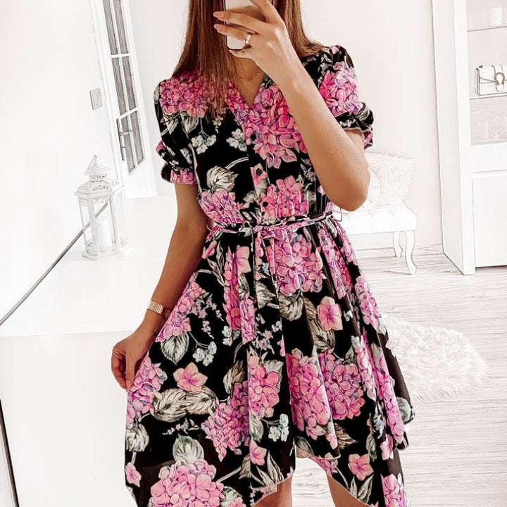 Dame High-Low Floral Bindekjole med Puffærmer Stilla