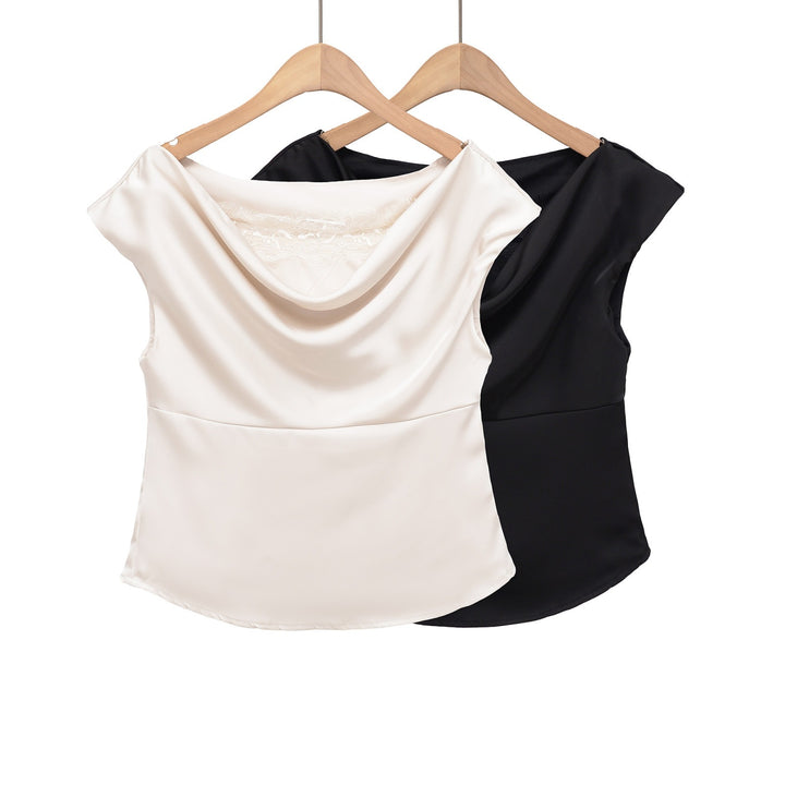 Dame elegant satinbluse med raffineret vandfaldsudskæring Skovae