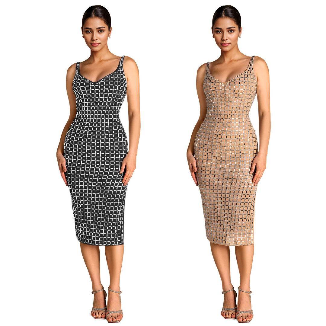 Dame Elegante Figurformet Midi-Kjole med transparent netdesign og glitrende accenter Stilla
