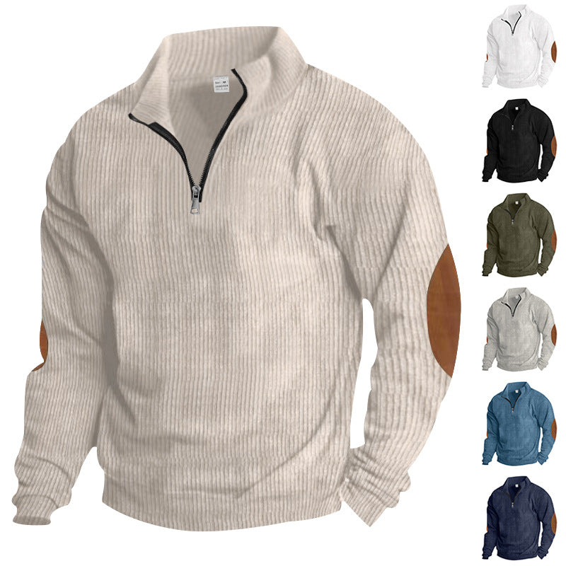 Herren nan ribbet finstrik pullover med kort lynlås ståkrave og læderlook albuepatches Skovae