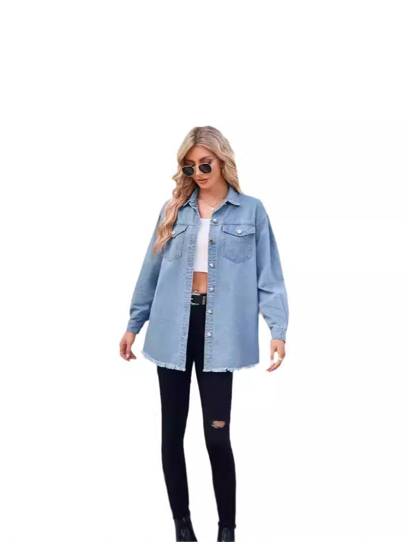Damer Denim skjortejakke med frynset kanter og dekorative brystlommer Stilla