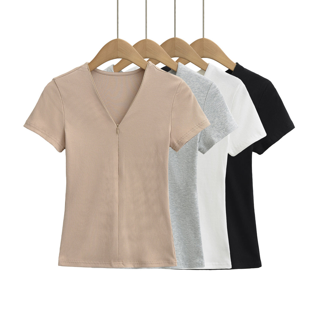 Dame Strik-T-shirt med V-hals og lynlås Stilla