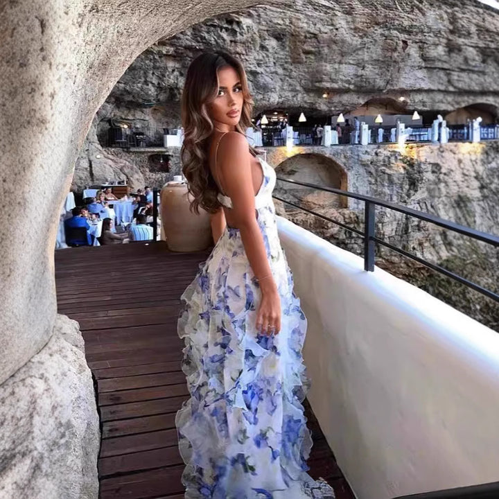 Dame Flydende Chiffon Maxi Kjole med Flæse Detaljer og Blomstrede Accenter Skovae
