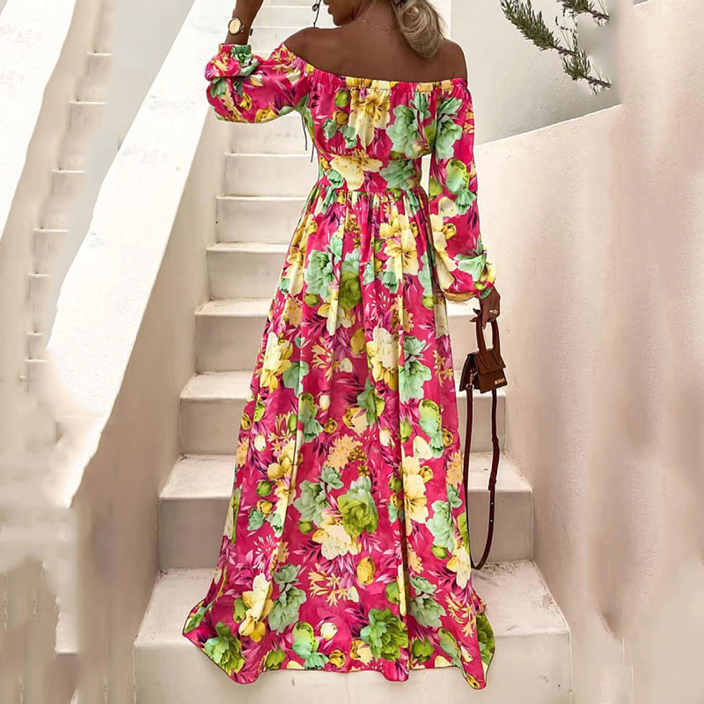 Dame Maxi-kjole med tropisk blomsterdesign og skulderfri design Stilla