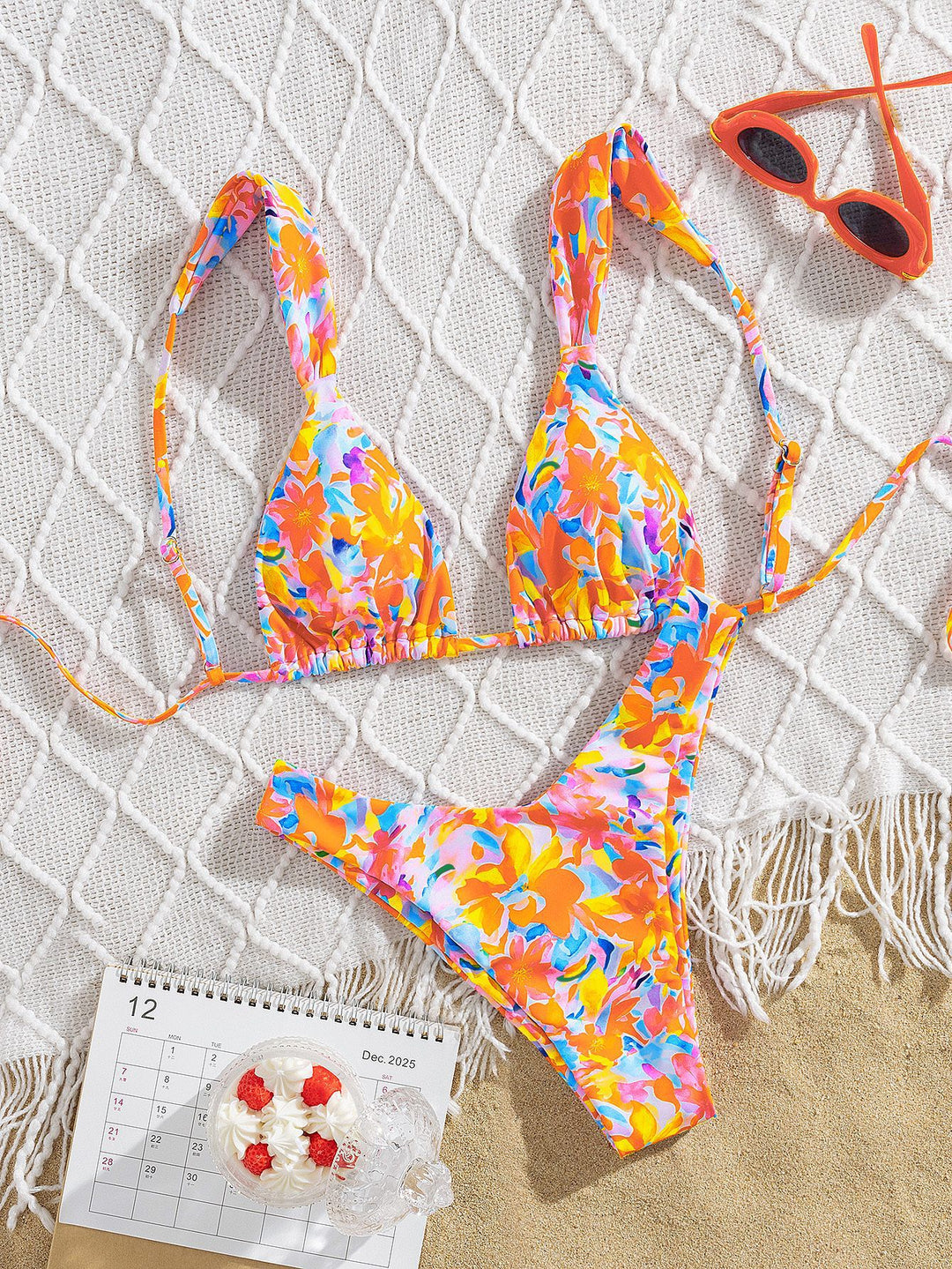 Damer triangel-bikini med farverigt blomsterdesign og justerbare stropper Skovae