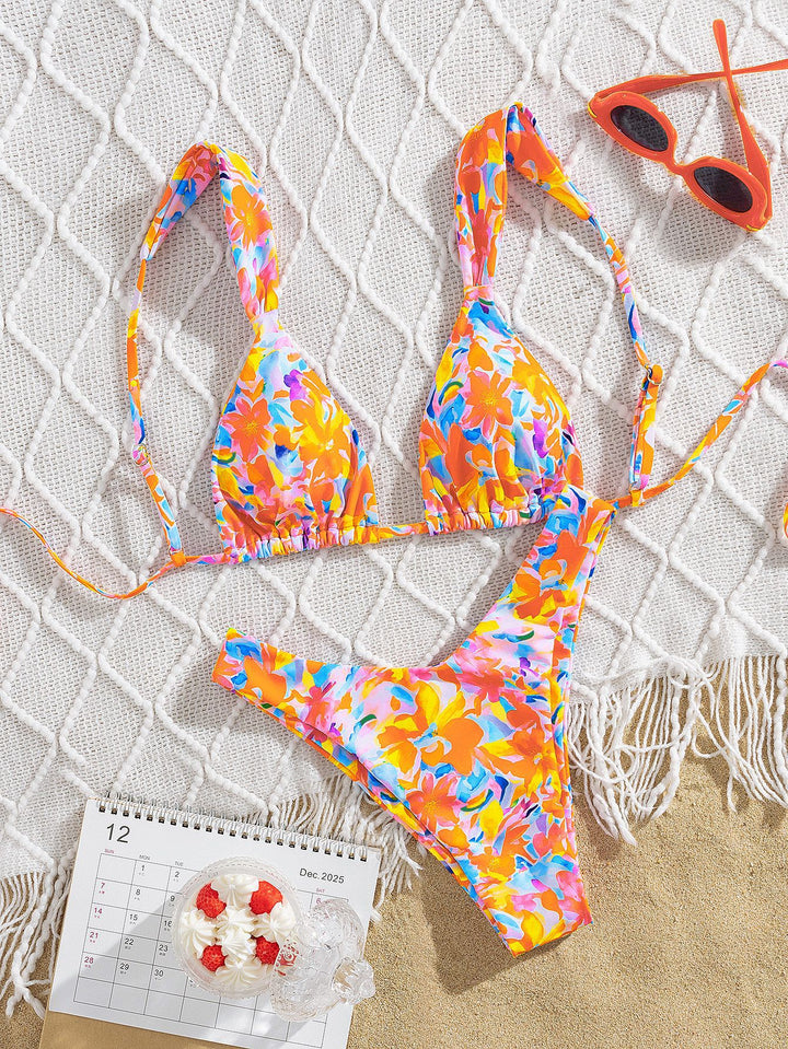 Damer triangel-bikini med farverigt blomsterdesign og justerbare stropper Skovae