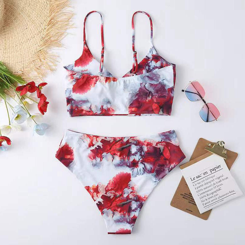 Dame højtaljet bikini-sæt med blomsterdesign Skovae