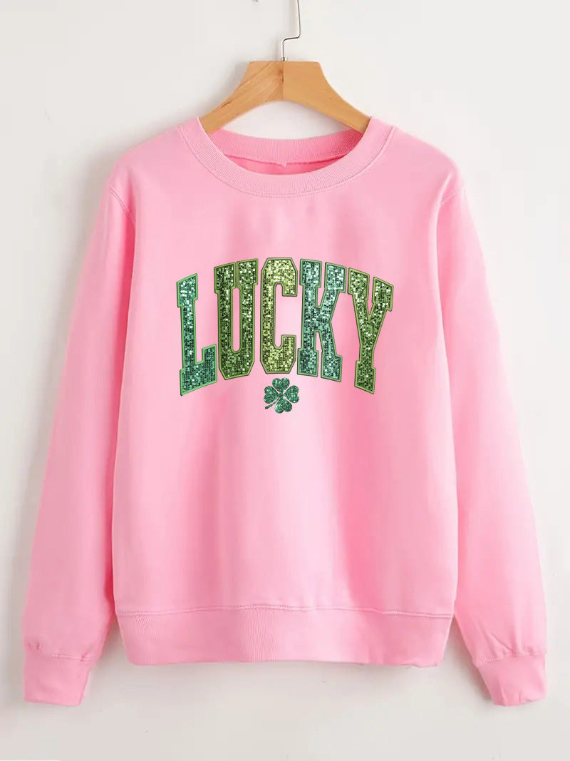 Dame casual sweatshirt med glitrende skrift og kløver motiv Stilla