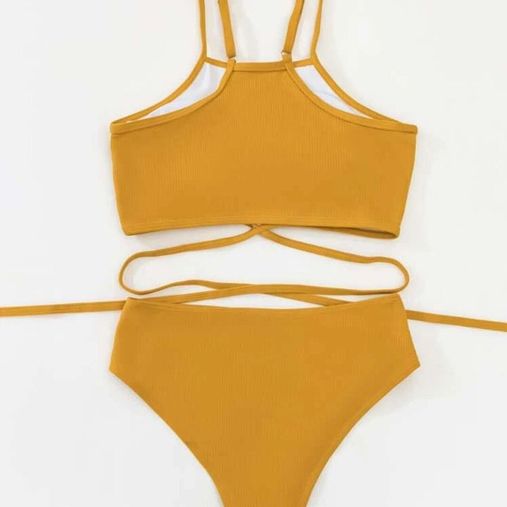 Dame ribbet crop top og højt skårne bikiniunderdel sæt Stilla