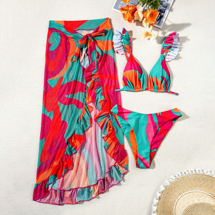 Dame Bikiniset med flydende ruffle sarong og farverige accenter Skovae
