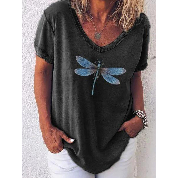 Damer V-hals grafik T-shirt med libelle-design Stilla