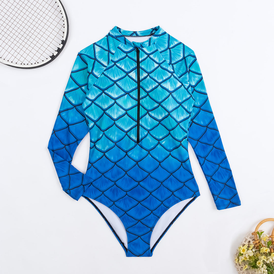 Dame Langærmet badedragt med trendy fiskskælsdesign Skovae