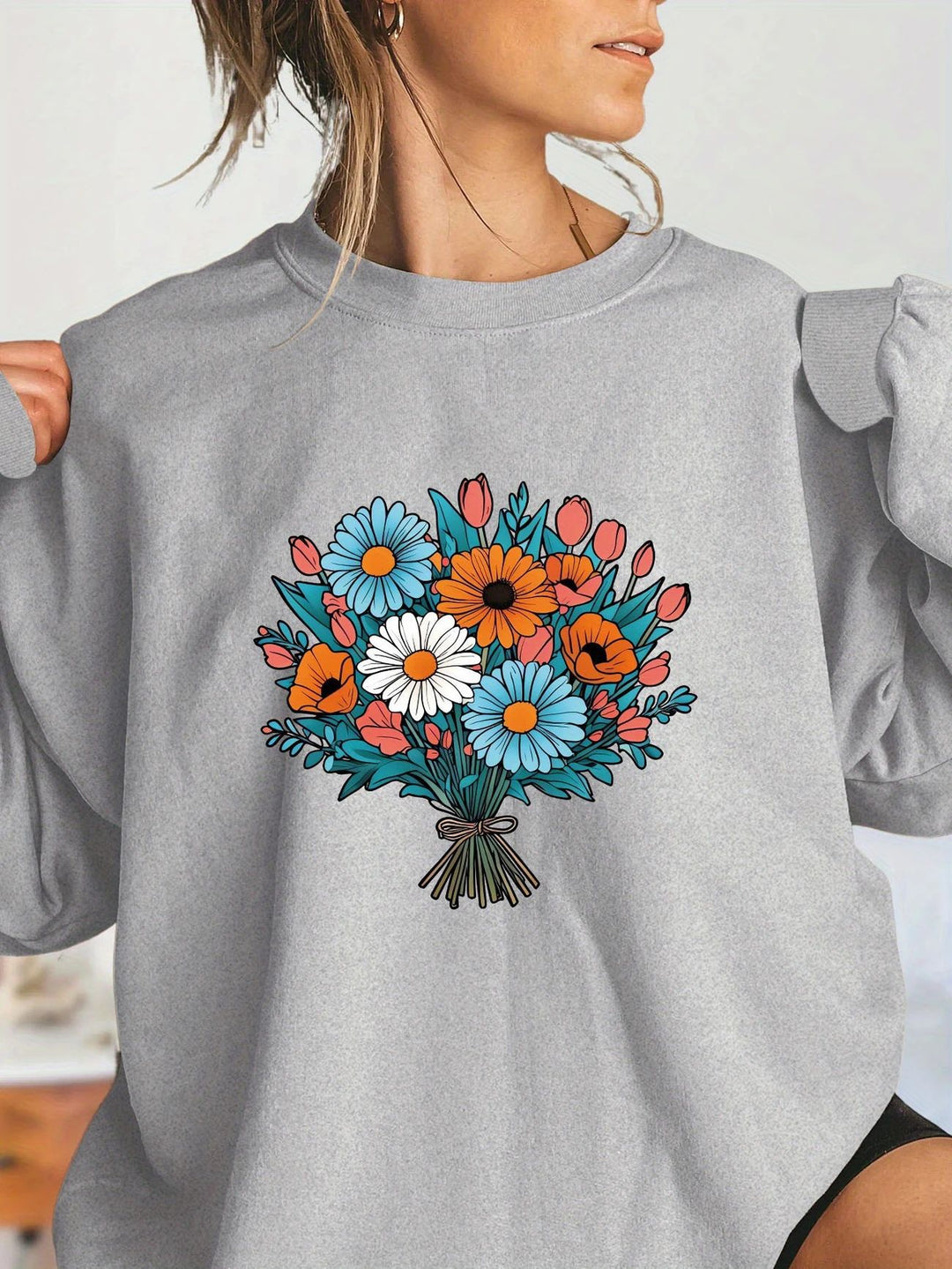 Kvinders Oversized Sweatshirt med Blomster Grafiske Detaljer Stilla