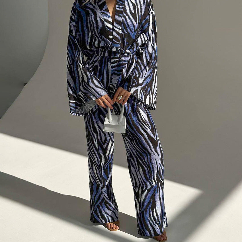 Dame Blazer-sæt med zebra-print og figursyet bælte Stilla