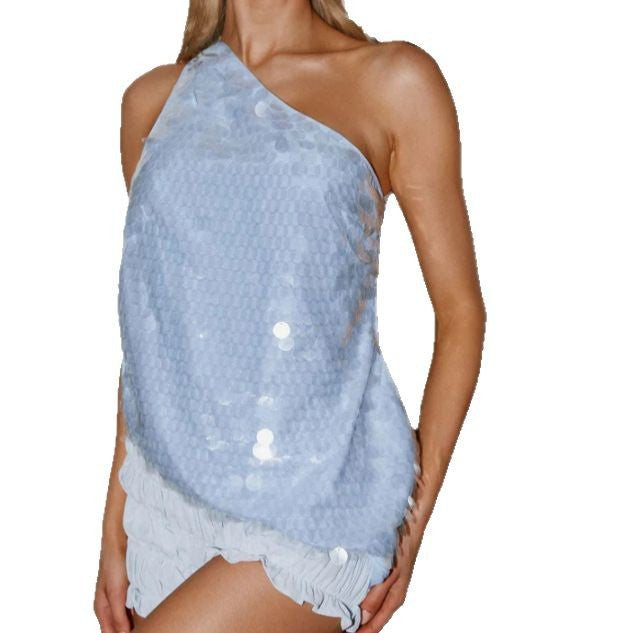 Dames aften top med asymmetrisk snit og glitrende paillet trim Skovae