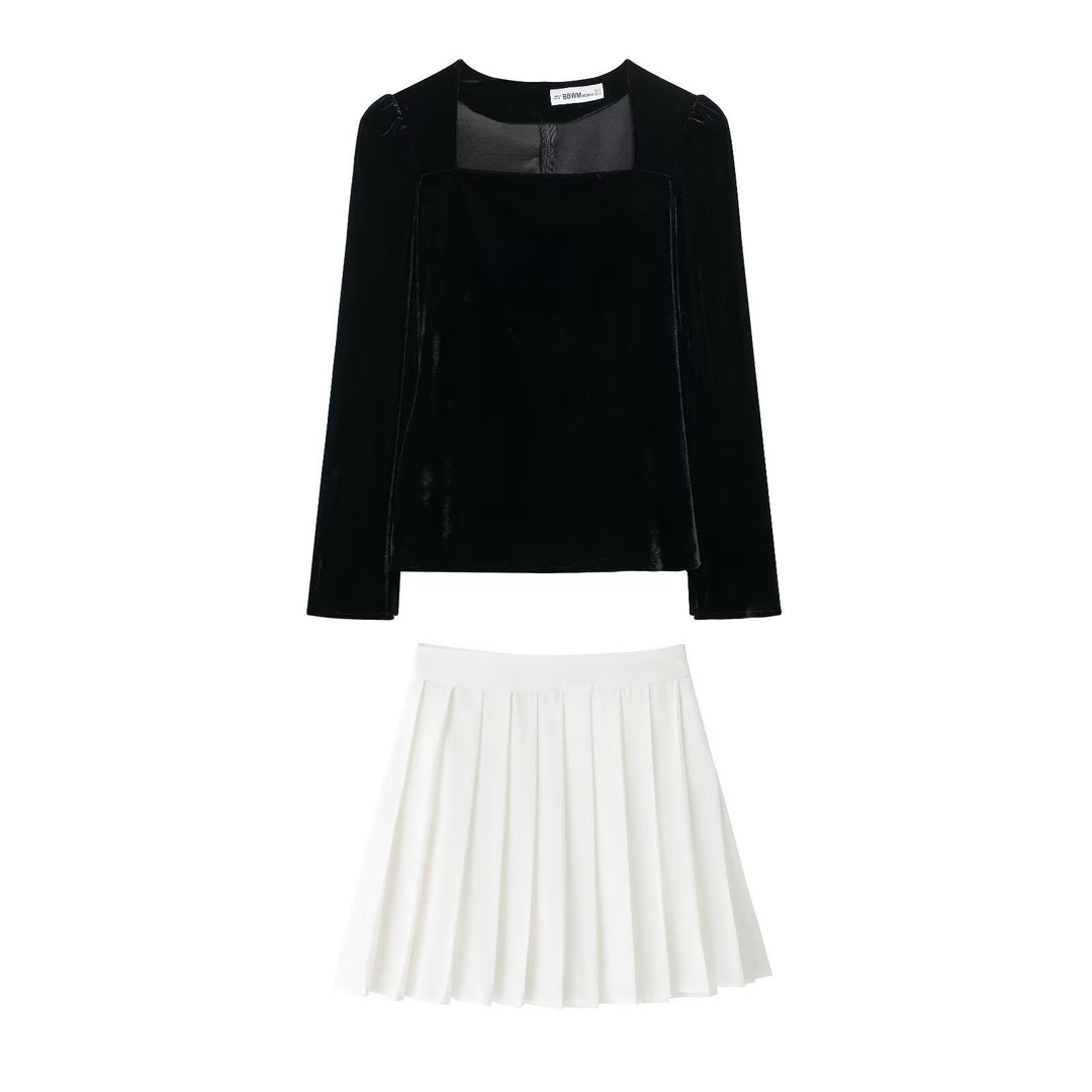 Femme Elegante Samt-Top og Faltenrør-Set Stilla