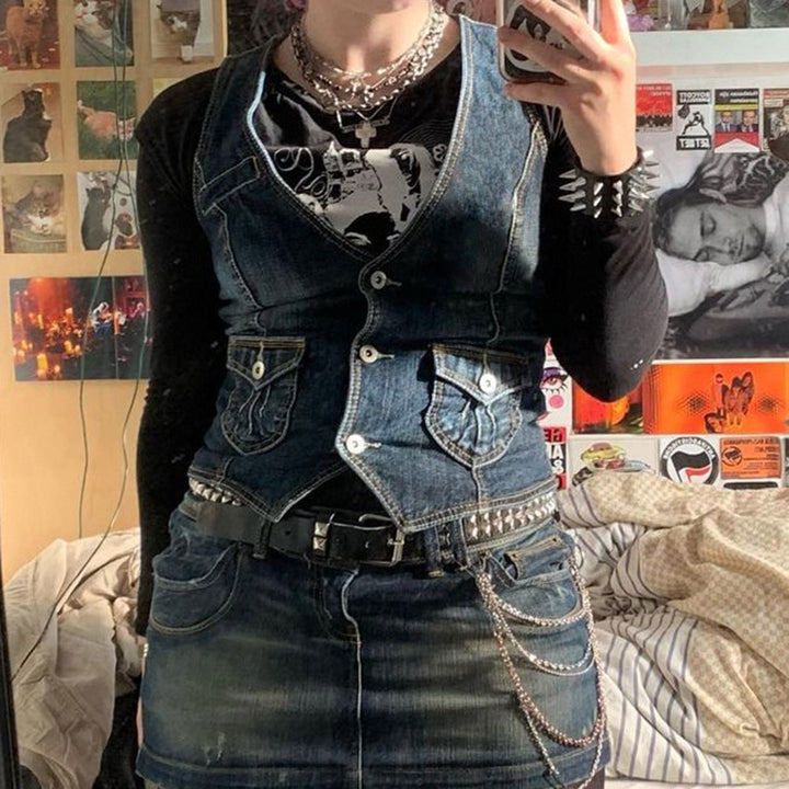 Dame denim-bustierjakke med nostalgisk spidseindsats og dekorative knapdetaljer Skovae