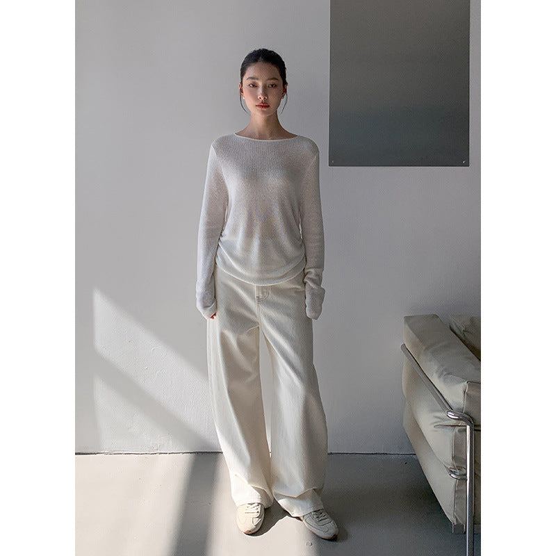 Dame brede high-waist jeans i en afslappet skæring med elegante folder Stilla