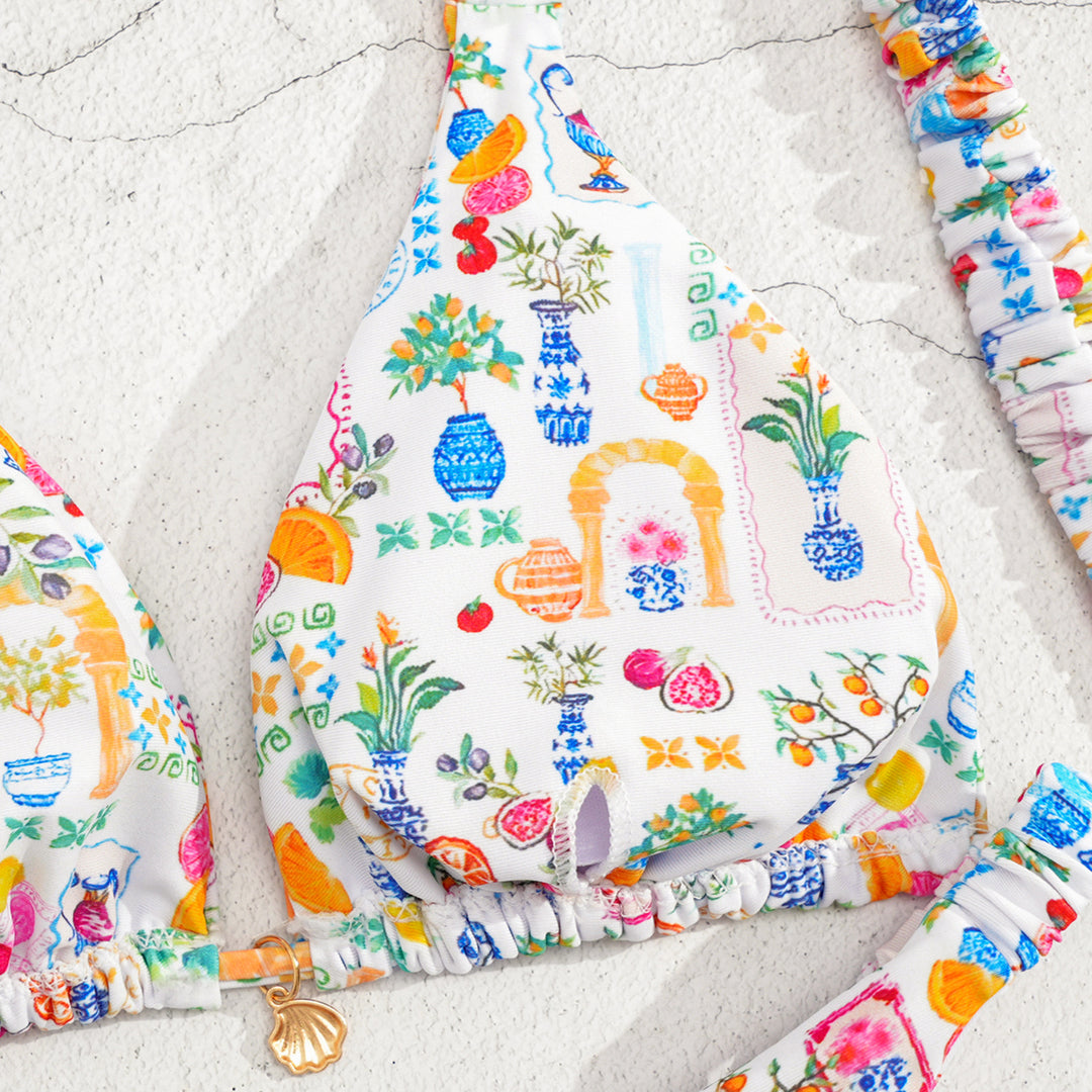 Dame triangels bikini med farverigt blomsterprint og justerbare stropper Skovae