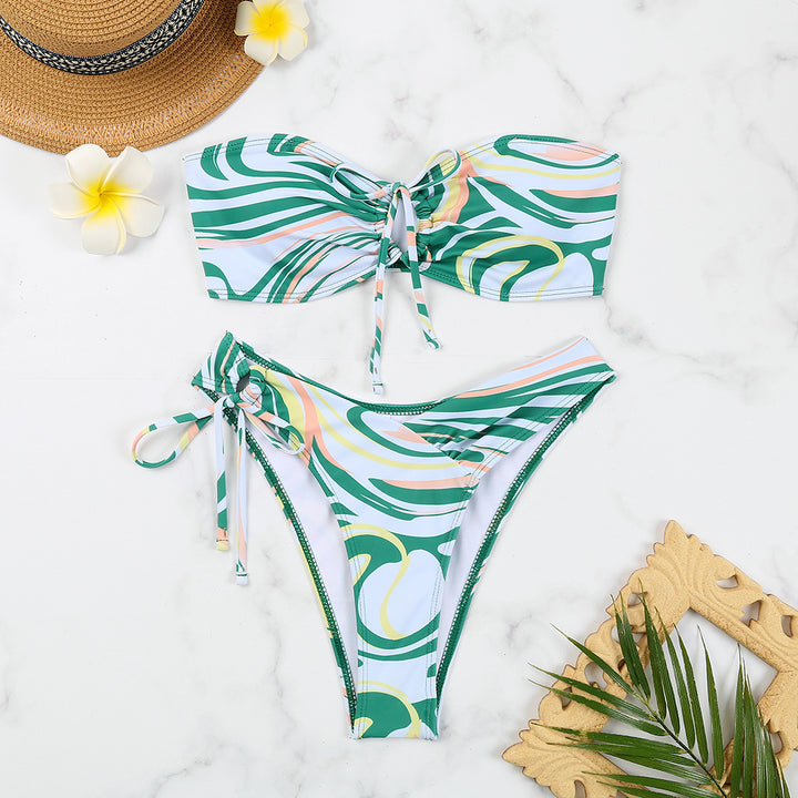 Dame Bandeau-Bikini sæt med legende knudedesign og højt benudskæring Stilla