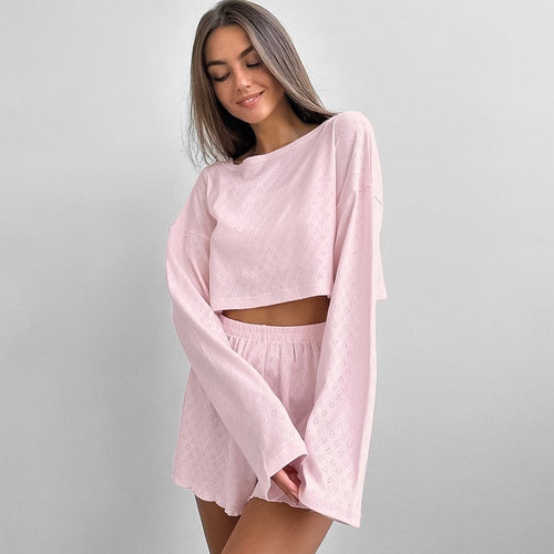 Dame hyggeligt pyjamasæt med crop-formet overdel og elastisk buks Stilla