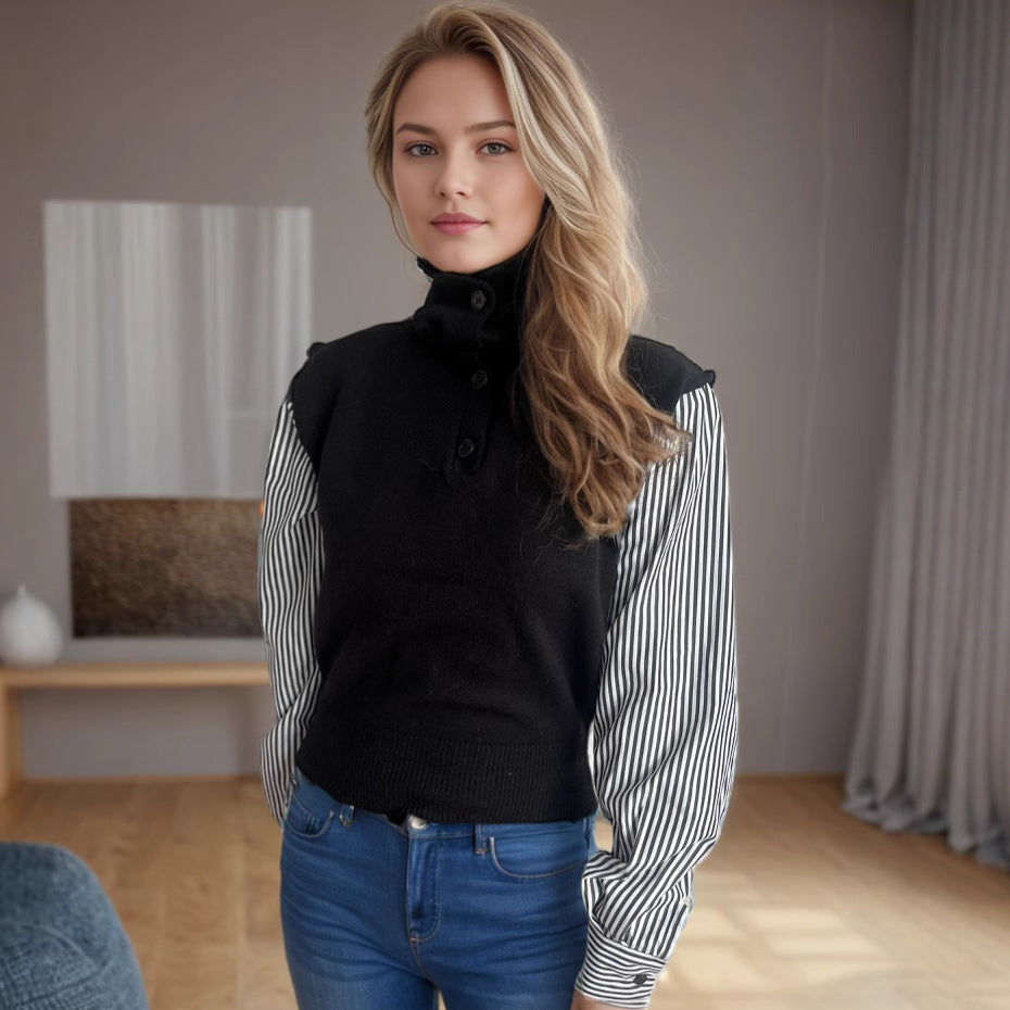 Dame strikket sweater med elegante puffærmer og moderne opretstående krave Stilla