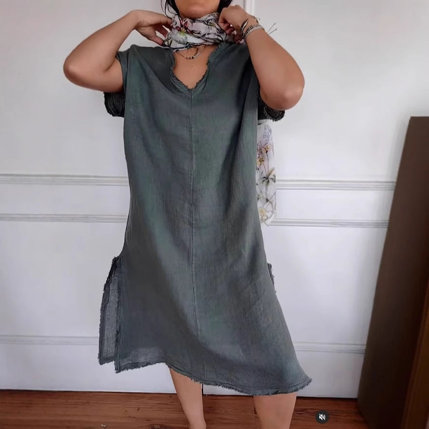 Dame Elegant Linned Midi Kjole Stilla