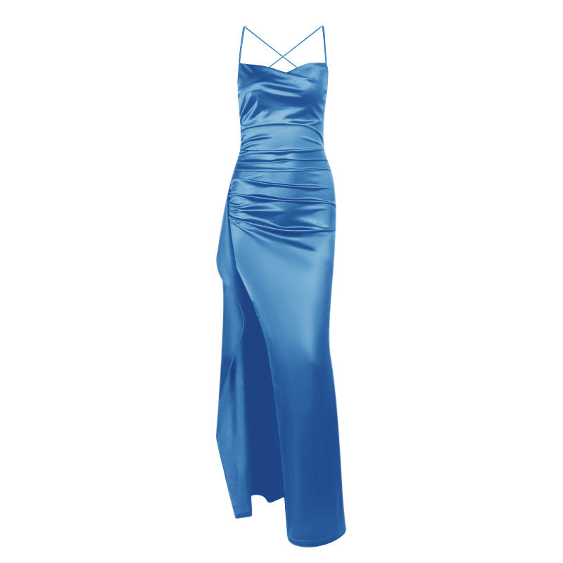 Dame elegant satin kjole med dyb slids og justerbare spaghetti stropper Skovae
