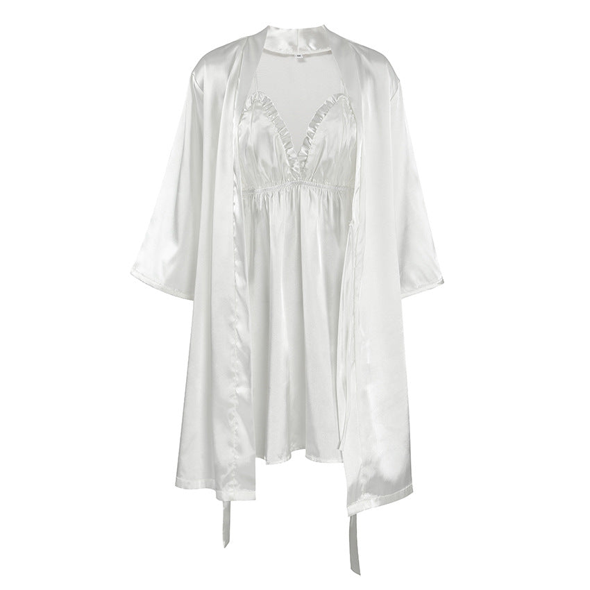 Dame Satin Morgenkåbe med elegante fjer Stilla