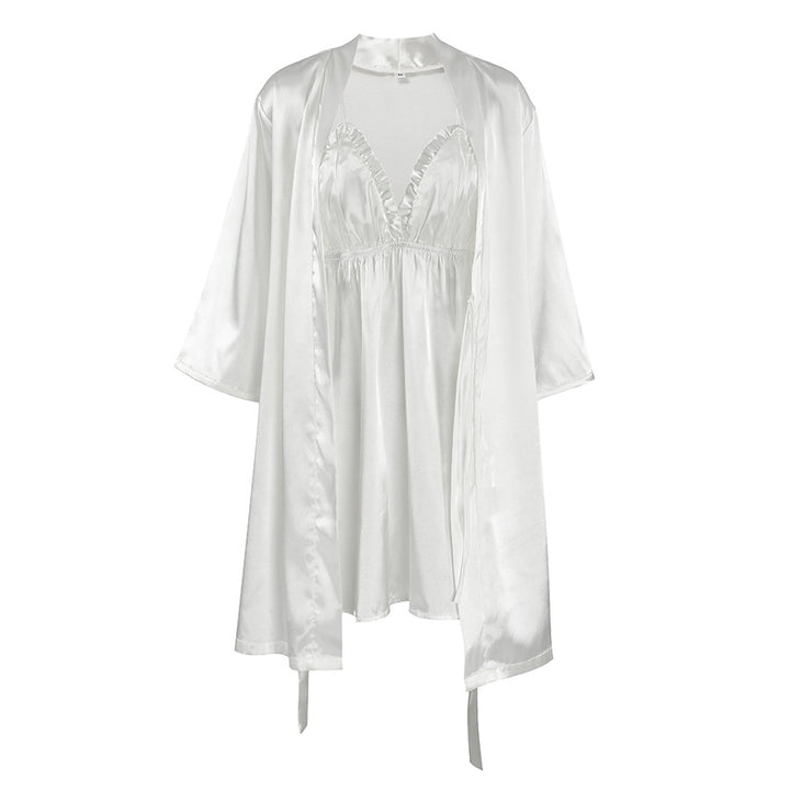 Dame Satin Morgenkåbe med elegante fjer Stilla