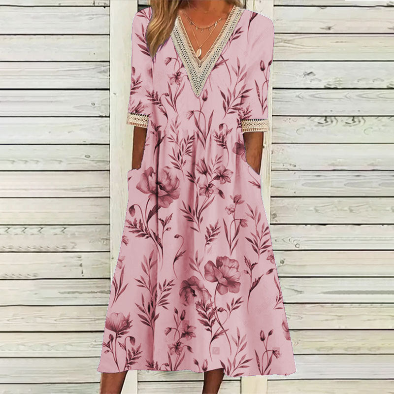Dame skjortekjole med kunstnerisk blomsterdesign og blondekant Stilla