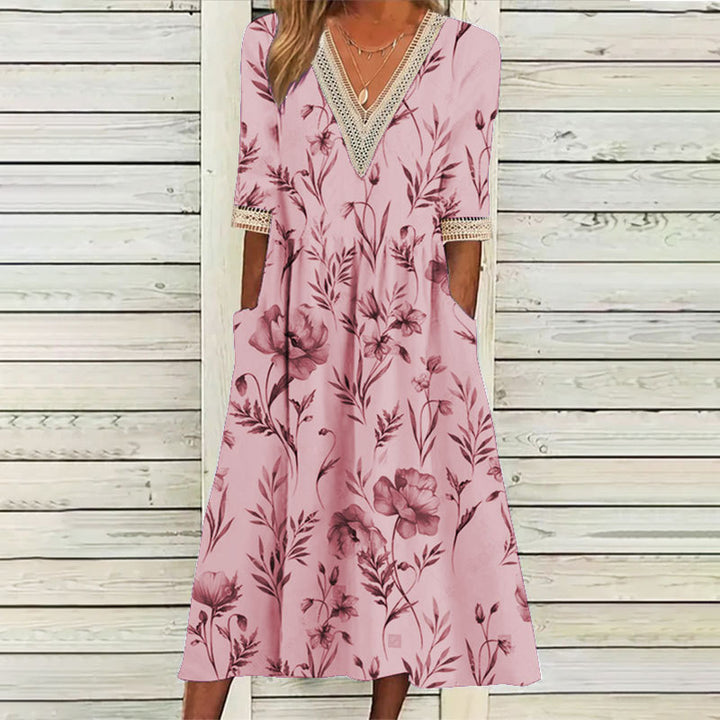 Dame skjortekjole med kunstnerisk blomsterdesign og blondekant Stilla