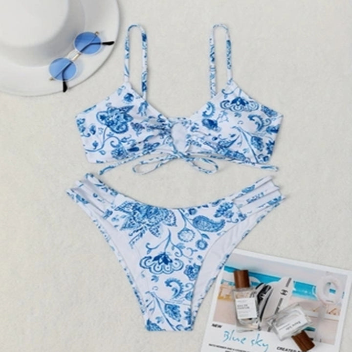 Dame Bikini-sæt med blomsterdesign og justerbart bindebånd Skovae