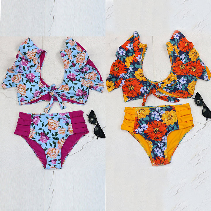 Dame bikini-sæt med flæsedetaljer og floralt mønster Skovae