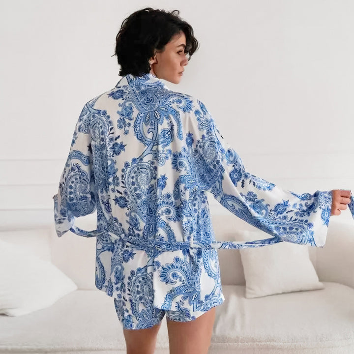Dame Kimono-Style Morgenkåbe med Paisley-mønster og Talje-bælte Stilla