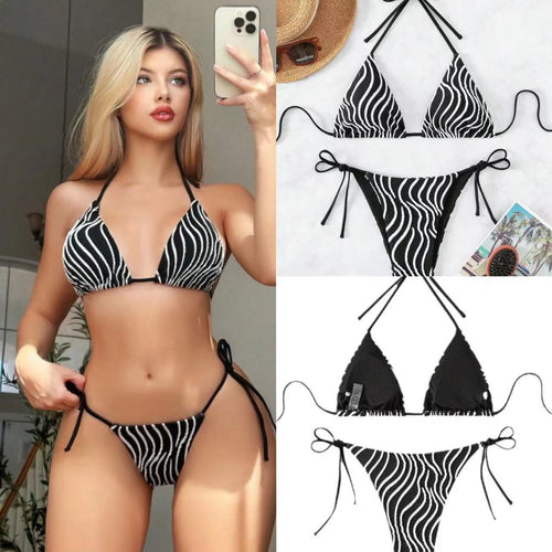 Dame triangel-bikini med justerbare bånd og stilfuldt stribemønster Skovae
