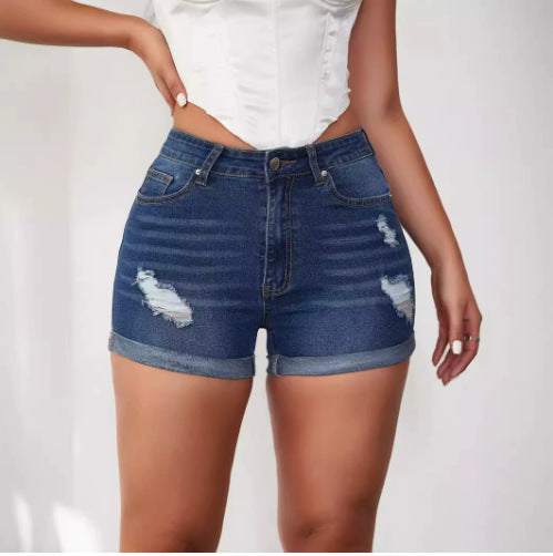 Dame Høj Talje Denim-Shorts med frieset Kant Stilla