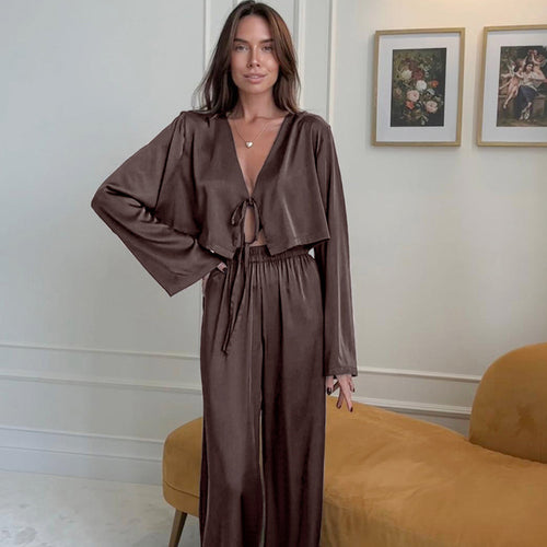 Dame elegant Satin-bukser-sæt med dyb V-udskæring og snor Stilla