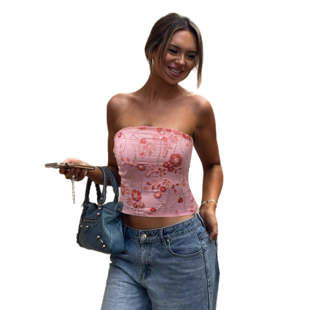 Damen eleganter Crop-Top mit Blumenstickerei und Pailletten Skovae